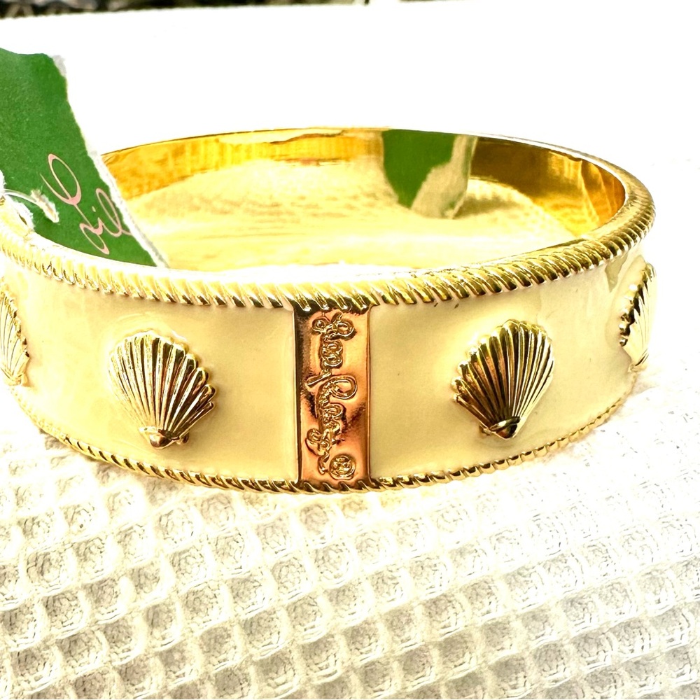 Lily Pulitzer Gold Scallop Seashell Bangle Bracelet Cream Enamel Necklace NWT
